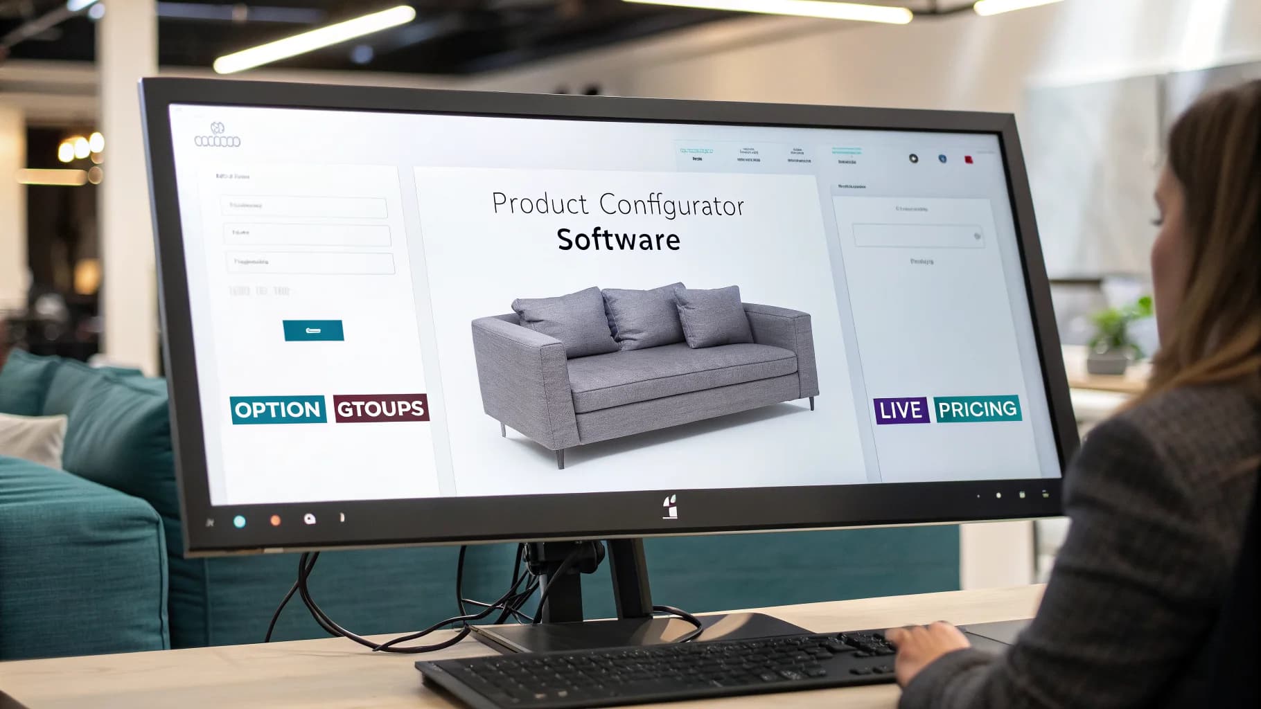 Product configurator software interface with 3D product options and live pricing